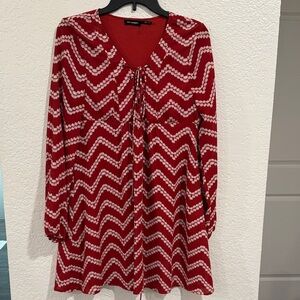 Blu Pepper Red and White Chevron Long Sleeve Dress